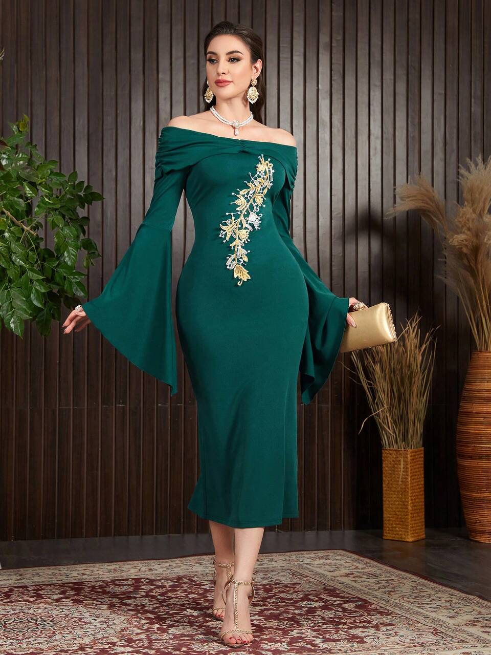 Women's Floral Embroidery Off-The-Shoulder Dress Long Evening Dresses Fall Cloth For Women