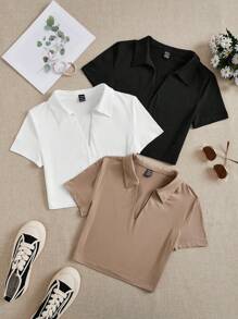 SHEIN EZwear 3 件套 V 领短袖短款休闲修身女式 T 恤，适合夏季 - 彩色 - 查看 3