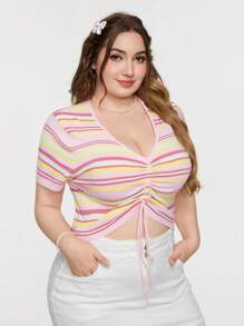 SHEIN Qutie Plus Size Women's Rainbow Stripe Front Drawstring Ruched Short Sleeve Knitted Top
