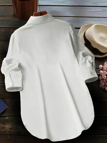 Fashion Women Casual Shirt With Side Slit Hem & Fake Pockets