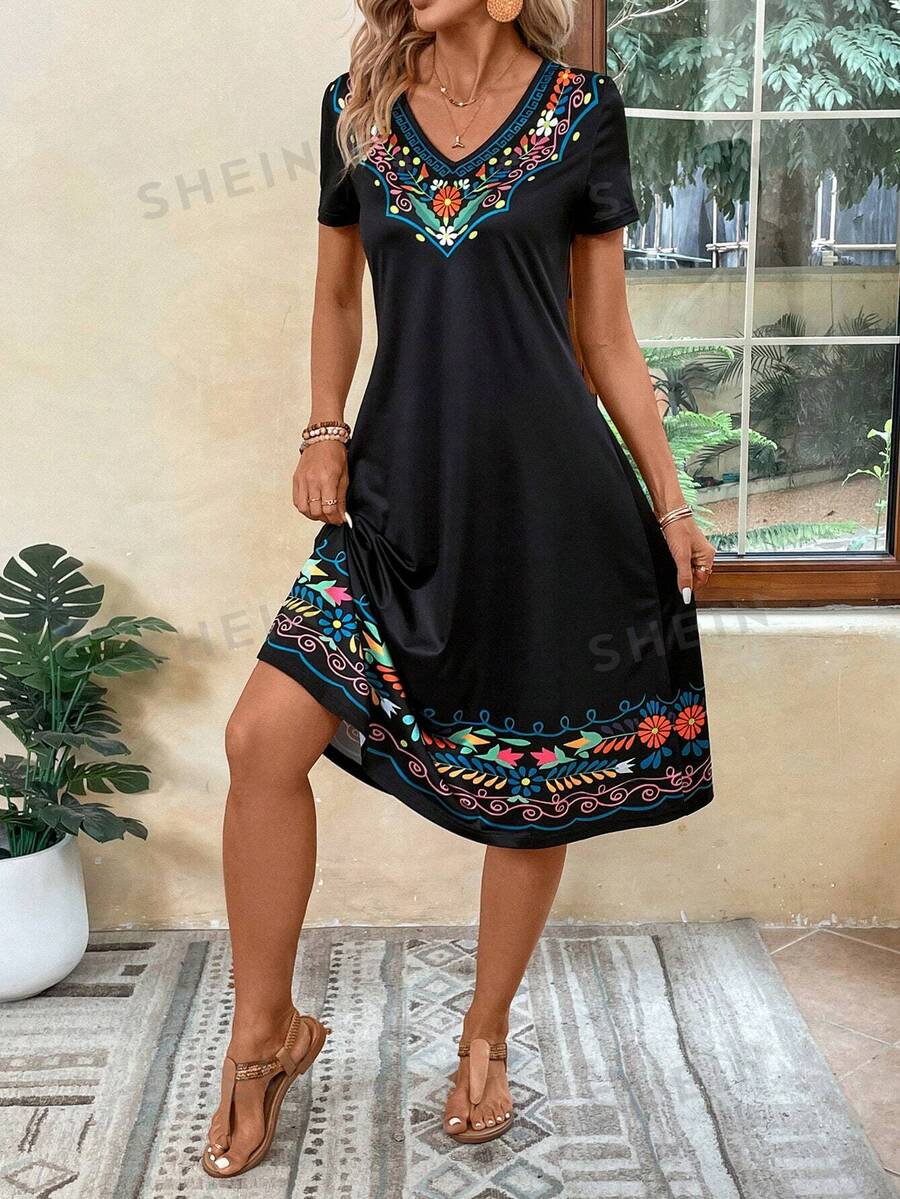 EMERY ROSE Floral Print VNeck Short Sleeve Dress SHEIN ASIA