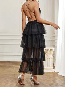 SHEIN Belle Solid Color Mesh V-Neck Halter Bridesmaid Dress With Patchwork - Black - View 2