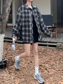 女士休闲格子落肩长袖宽松衬衫，秋季，长袖上衣 - 藍色 - 查看 5