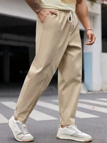 Manfinity VCAY Men's Plus Size Drawstring Waist Cargo Pants With Patch Details Tapered Long Slacks Plain Khaki Going Out Plus - Apricot - View 3