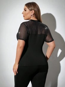 SHEIN Privé Plus Size Mesh & Glitter Patchwork Slim Fit T-Shirt - Black - View 7