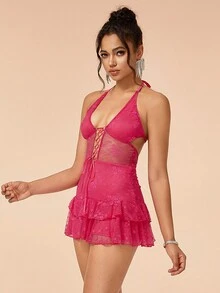 Women Dresses Backless Lace Up Tie Back Plain Seksi - Hot Pink - View 3