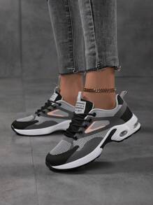Women's Solid Color Mesh Sneakers, Lace Up Breathable Flat Air Cushion Sporty Trainers, Lightweight Low-Top Shoes