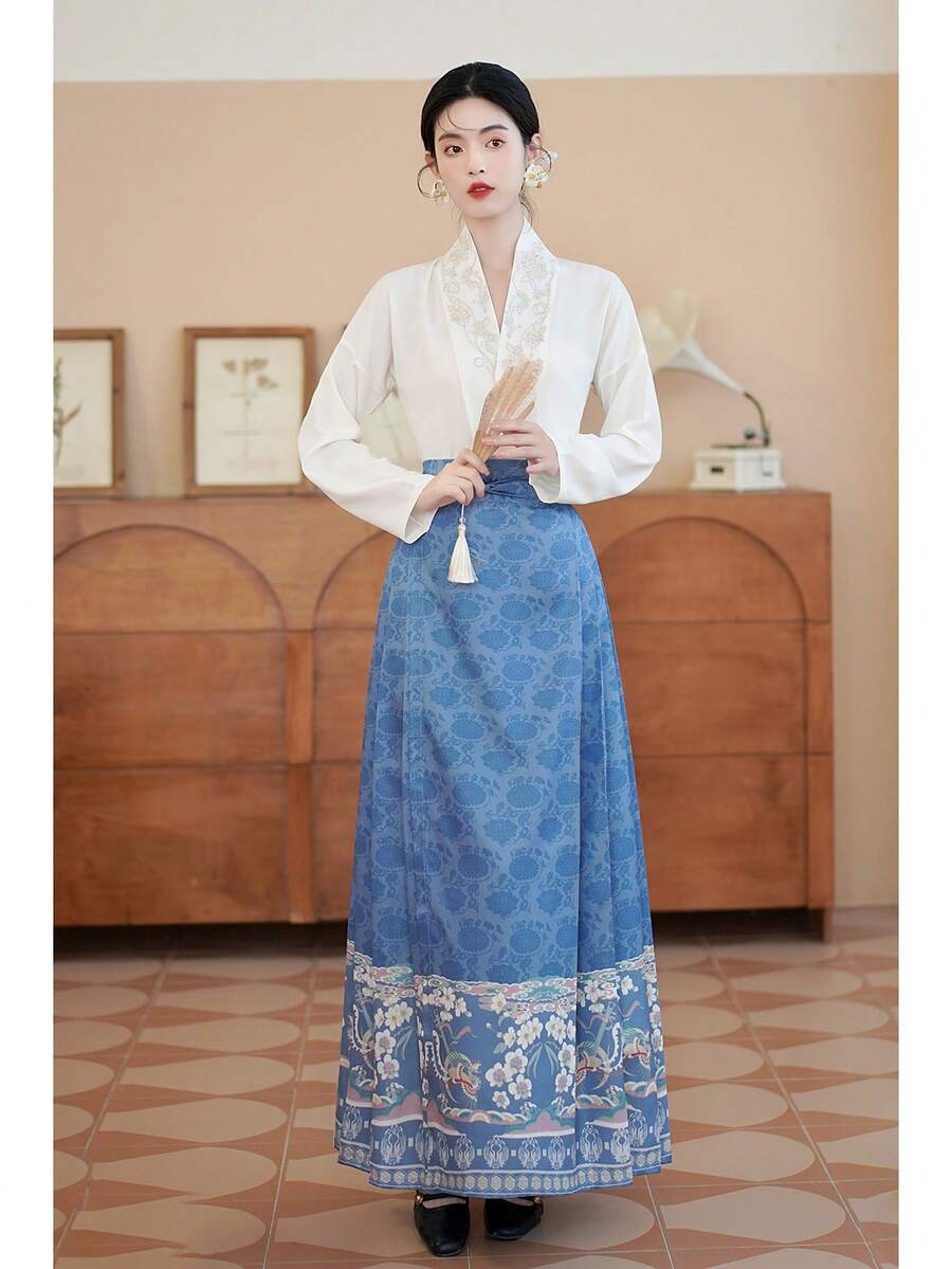 風改良版漢服馬面裙,具漢族元素 - 藍色 - 查看 1