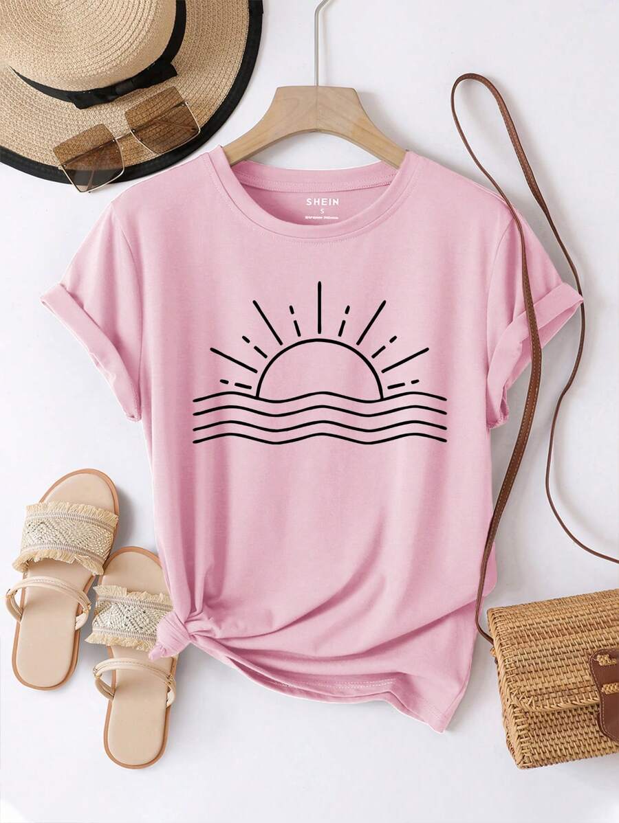 SHEIN LUNE Của phụ nữ mặt trời Và Sóng In Vòng cổ Ngắn tay Áo thun - Màu Hồng baby - Xem 1