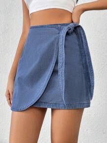 SHEIN Frenchy 夏季度假蓝色宽松度假风格围裹式牛仔系带裙 - 淺藍色 - 查看 3