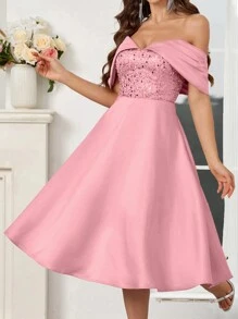 SHEIN Belle Elegant Pink One-Line Shoulder Multi-Fold Three-Dimensional Fish Bone Modified Body Shape Fine Flash Piece Splicing Woven Satin Off Shoulder Beaded Flared Skater Cocktail Dress - Dusty Pink - View 3