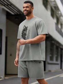 Manfinity VCAY 2pcs/Set Men's Plus Size Casual T-Shirt And Shorts Set - Grey - View 5