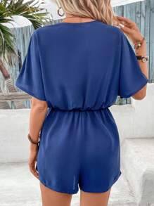 SHEIN VCAY Chất rắn Surplice cổ tay cánh Áo liền quần - Xanh đậm - Xem 2