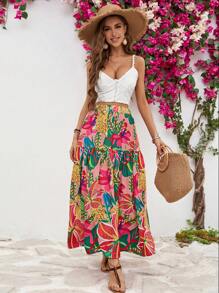 Vivid Eden Summer Women's Long Flower Printed Loose Skirt With Ruffled Hem - Multicolor - View 5