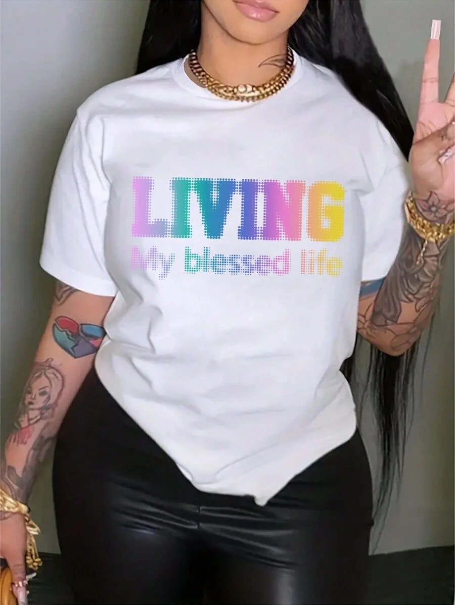 INAWLY Colorful Letter Pattern Printed T-Shirt Graphic Tees Women Tops - White - View 1