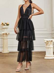 SHEIN Belle Solid Color Mesh V-Neck Halter Bridesmaid Dress With Patchwork - Black - View 1