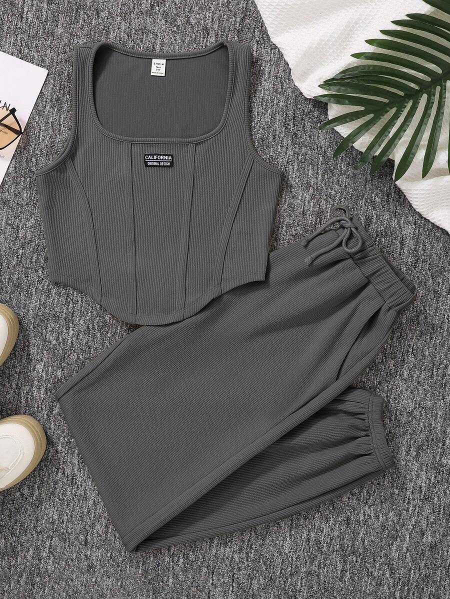 SHEIN Leap Crew Teen Girl Knitted Asymmetrical Hem Tank Top And Jogger Pants Casual 2pcs