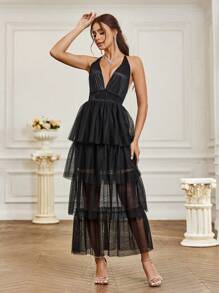 SHEIN Belle Solid Color Mesh V-Neck Halter Bridesmaid Dress With Patchwork - Black - View 4