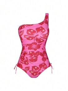 Swim Oasis Plus Size Summer Beach Floral Printed One-Shoulder One-Piece Swimsuit With Matching Cover-Up Skirt, 2pcs/Set - Hot Pink - View 5