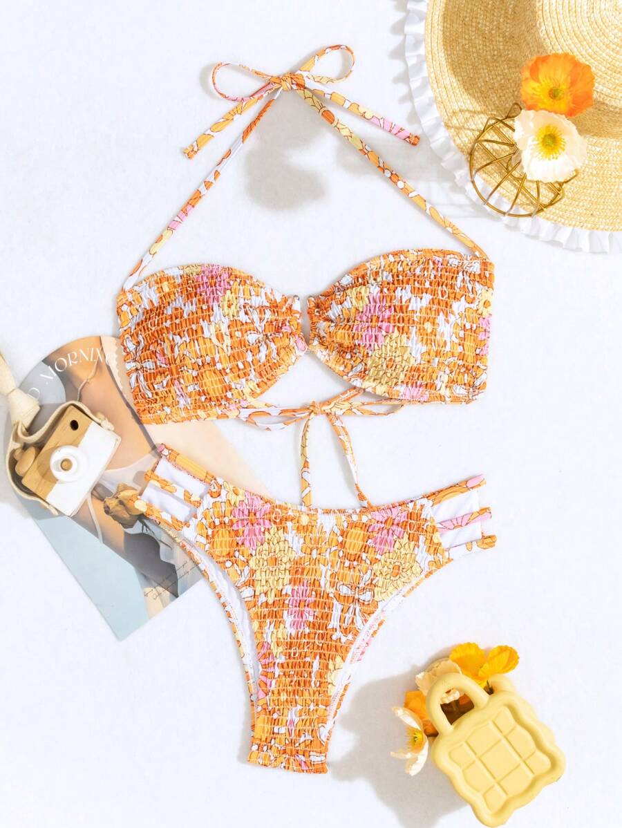 SHEIN Swim Women's Y2k Floral Print Smocked Halter Strap Separate Bikini Set Summer - Multicolor - View 1