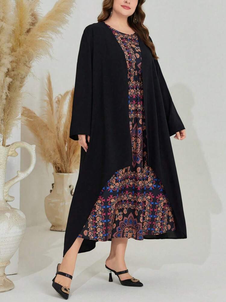 Plus Size Women'S Floral Printed Sleeveless Dress And Asymmetrical Hem Jacket Set 2 Piece Set