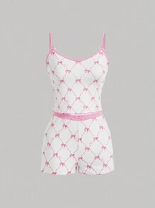 SHEIN MOD Butterfly Printed Bowknot Crop Top Camisole And Shorts Set - Pink - View 1