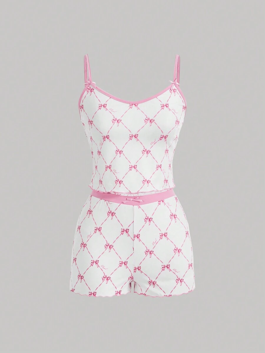 SHEIN MOD Butterfly Printed Bowknot Crop Top Camisole And Shorts Set - Pink - View 1