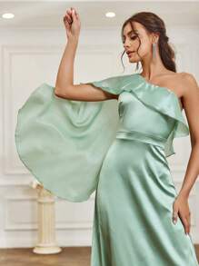 SHEIN Belle Vestido De Dama De Honor Estilo Un Hombro Con Cuello Y Cinturón Con Volantes