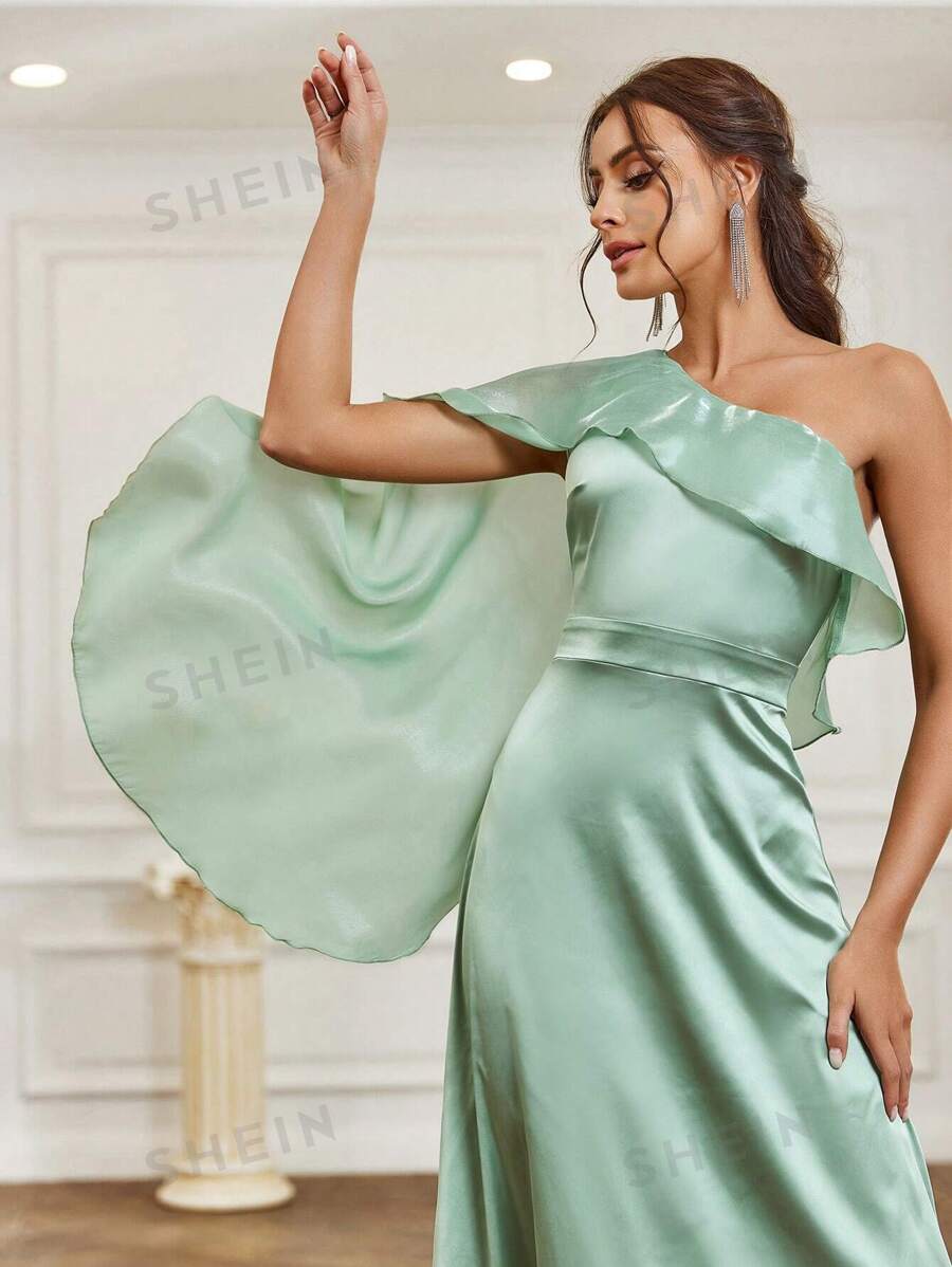 SHEIN Belle Vestido De Dama De Honor Estilo Un Hombro Con Cuello Y Cinturón Con Volantes
