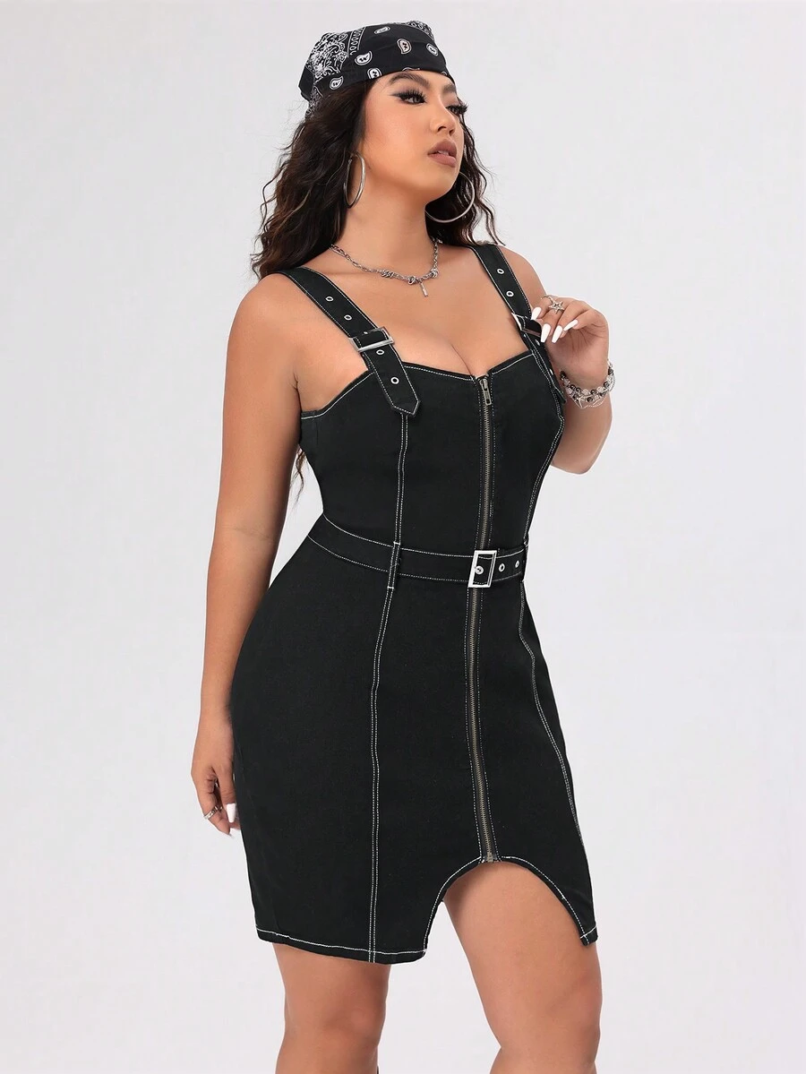 SHEIN ICON Kích thước lớn Có khóa kéo Thon gọn Đầm Denim - màu đen - Xem 1