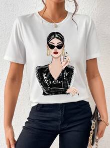 SHEIN Essnce Casual American Style Graphic Print Short Sleeve Crew Neck Fitted T-Shirt For Women, Suitable For Summer - White - View 5