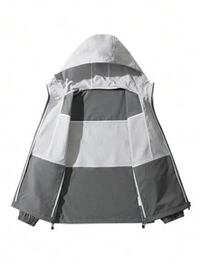 男士春秋時尚休閒彩塊拉鍊前帶束帶帽夾克 - 淺灰色 - 查看 4