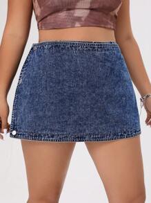 SHEIN EZwear Plus Size Women's Asymmetrical Hem Denim Skort - Medium Wash - View 6