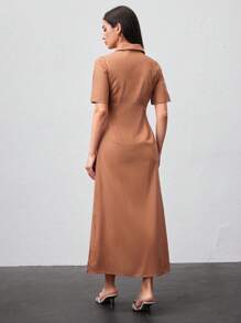 Seusyu 女士純色短袖襯衫裙 - 摩卡棕 - 查看 3