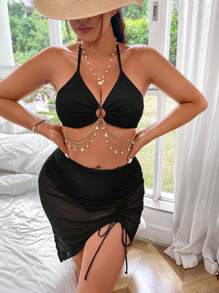 Swim Vcay Conjunto De 3 Piezas Separables Con Corbata Halter Decorada Con Cadena De Metal De Talla Grande Para Mujer