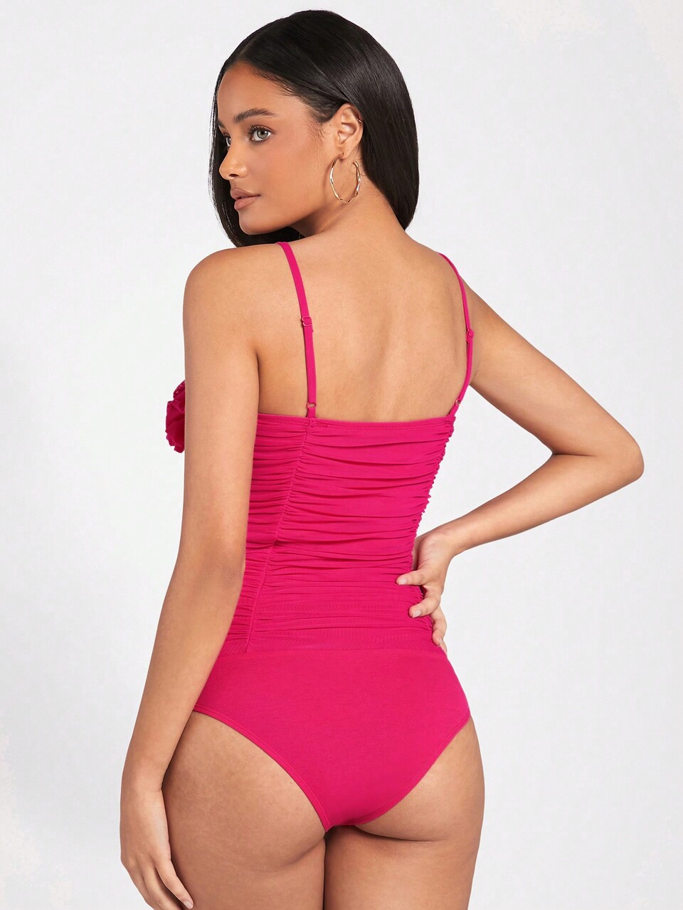 Women's Pink Pleated Double-Layer Handmade Flower Bodysuit