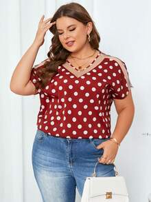 SHEIN Clasi 大尺寸波點拼接網紗蝙蝠袖襯衫 - 紅白色 - 查看 3