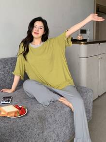 DAZY Simple Loose Fit Frill Edge Top And Pants Homewear Set Pajama - Green - View 6