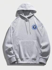 Men Slogan & Cartoon Graphic Drop Shoulder Drawstring Thermal Lined Hoodie, For Fall Winter, Long Sleeve Top - Grey - View 2