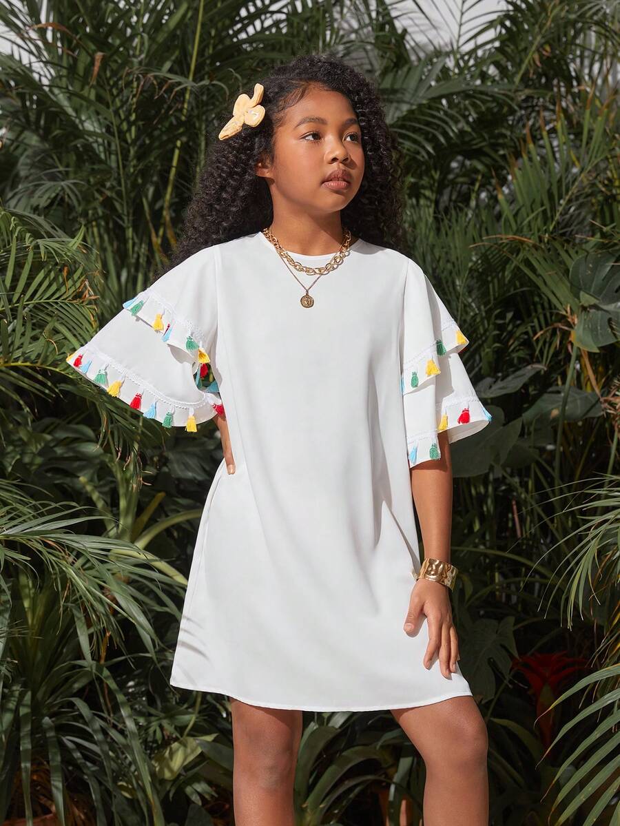 SHEIN 少女們的春夏休閒寬鬆流蘇連衣裙,配流蘇修邊 - 白色 - 查看 1