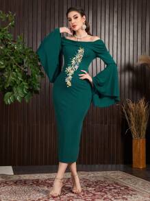 Modelyn 女士花卉刺绣露肩连衣裙长款晚礼服秋季女士布料 - 墨綠色 - 查看 4
