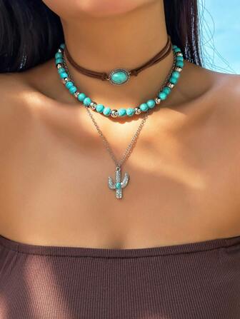 Hippie 3pcs Fashionable Western Cowboy Style Turquoise Beaded Necklace Set With Cactus Detail