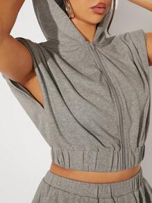 SHEIN Unity Zip Sleeveless Hoodie & Shorts Two Pieces Set - Light Grey - View 3