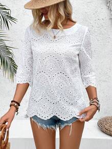 SHEIN LUNE Women's Burnout Floral Embroidery Round-Neck Shirt - White - View 4