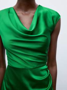Maija Women's Draped Neck Pure Green Pleated Satin Dress - Green - View 5