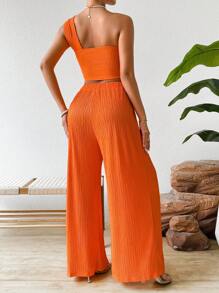 Chiquease Top Texturizado Con Un Hombro Y Pantalones Acampanados De Pierna Dividida Sólidos - Naranja Quemada - Ver 2