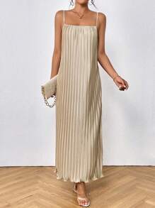 SHEIN Essnce Chất rắn Plisse Váy Dây - Màu Khaki - Xem 1