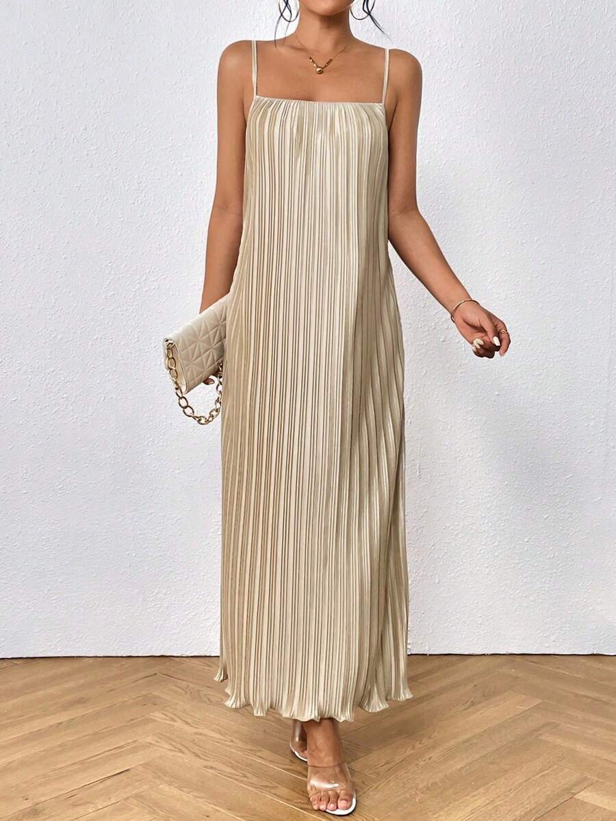 SHEIN Essnce Chất rắn Plisse Váy Dây - Màu Khaki - Xem 1