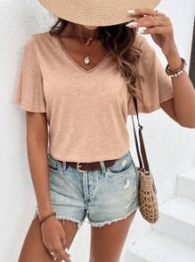 SHEIN Frenchy Butterfly Sleeve V-Neck T-Shirt With Back Decorative Buttons Summer Casual - Apricot - View 5