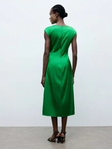 Maija Women's Draped Neck Pure Green Pleated Satin Dress - Green - View 3